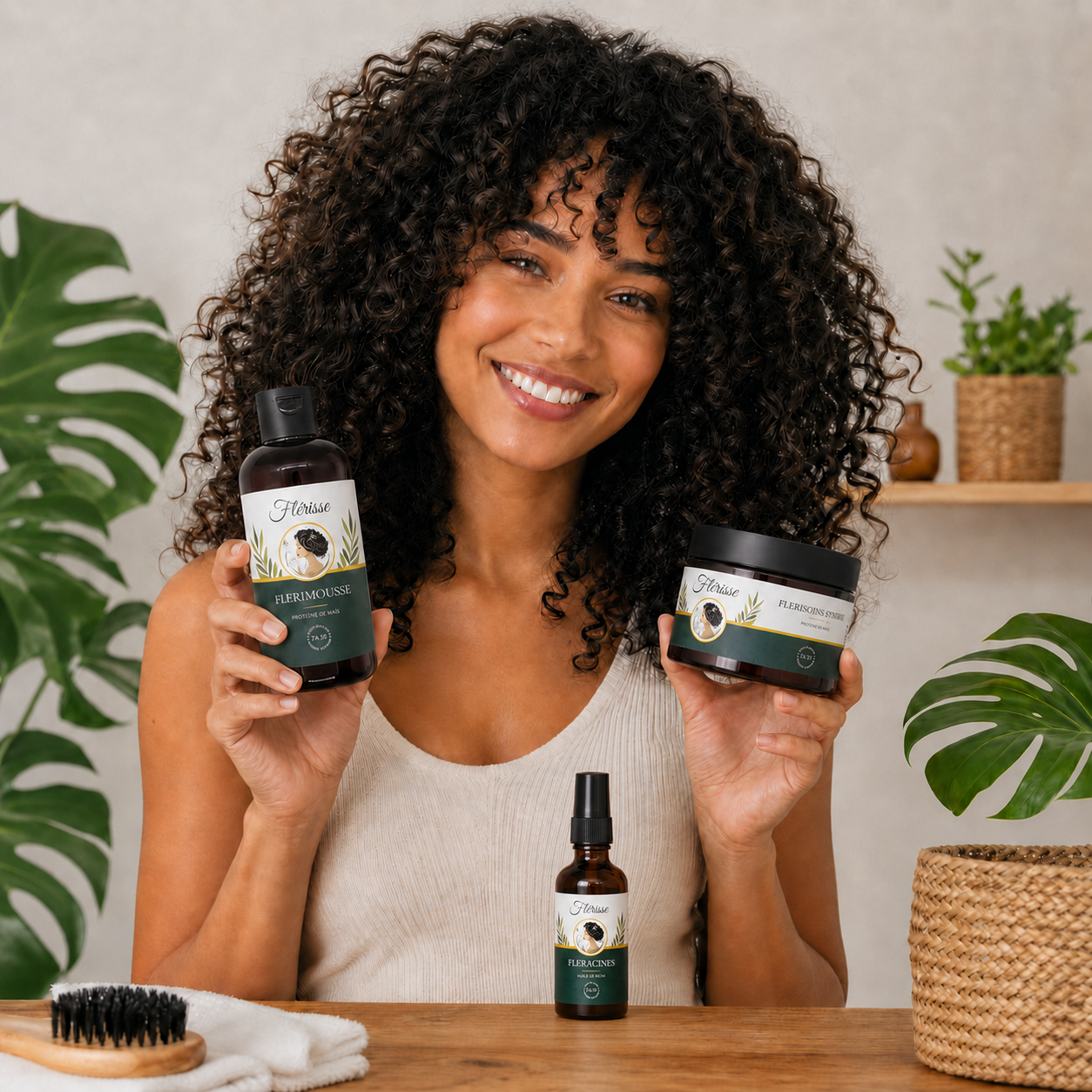 Femme aux cheveux bouclés naturels souriante tenant des produits de soins capillaires naturels